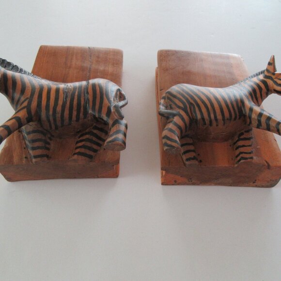 Vintage carved wood zebra & book bookends - library decor - AS IS - Picture 3 of 7